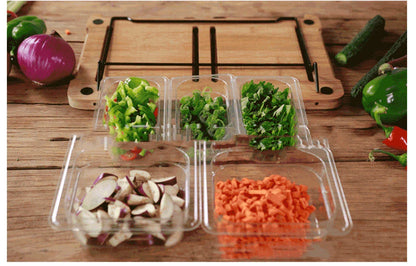 Versatile bamboo cutting board with integrated storage trays for organized meal prep