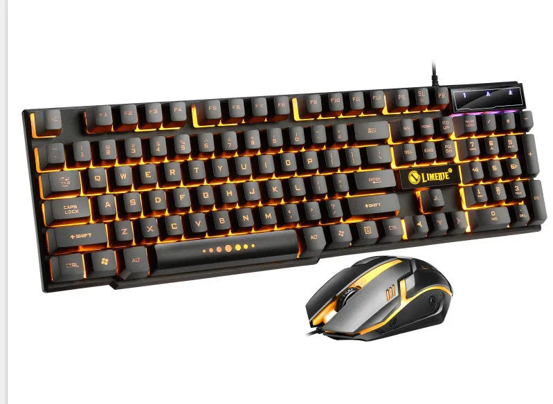 Limei GTX300 white and black wired USB gaming keyboard and mouse set with backlit keys on a desk.