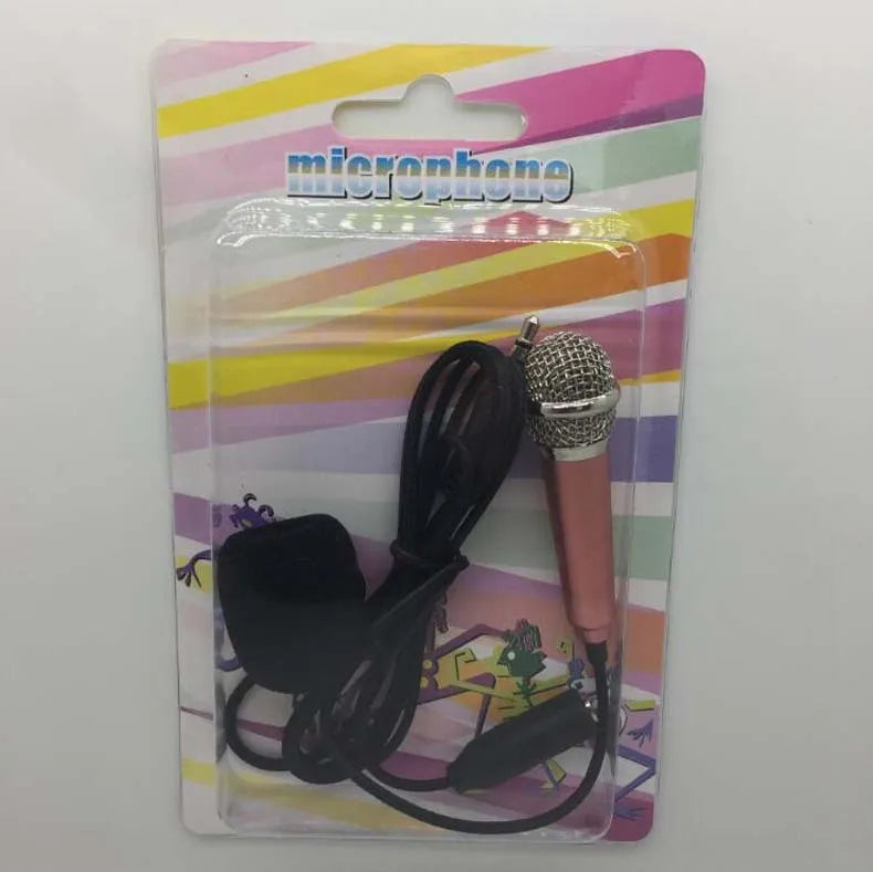 T3 model mini wired condenser karaoke microphone with 3.5mm jack in blue, gold, red, and silver colour options.