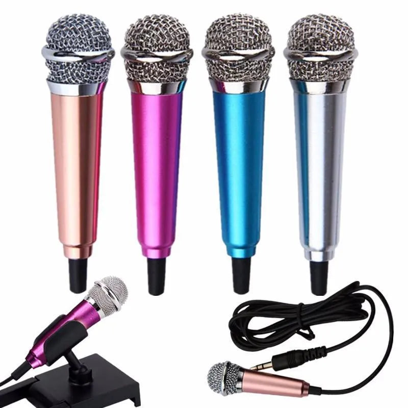 T3 model mini wired condenser karaoke microphone with 3.5mm jack in blue, gold, red, and silver colour options.