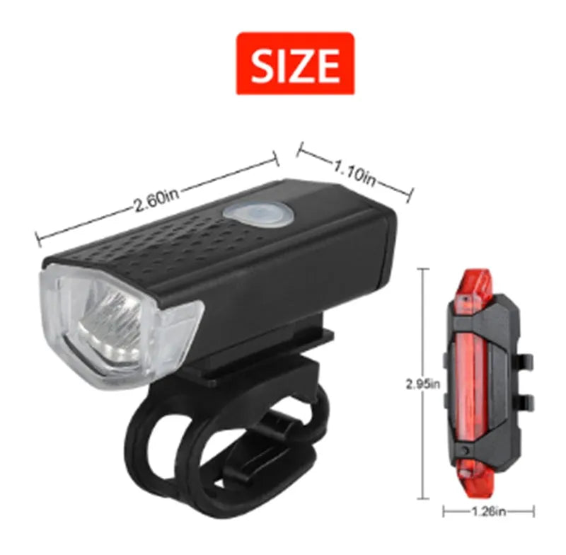 USB rechargeable bicycle front light in black with handlebar mount and charging indicator