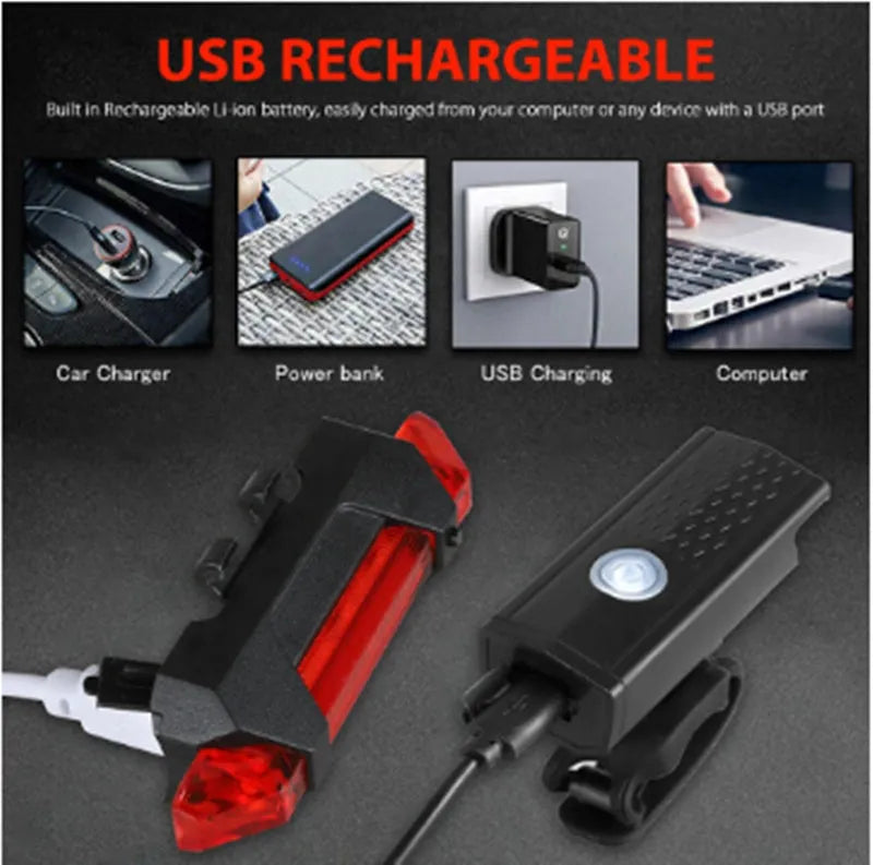 USB rechargeable bicycle front light in black with handlebar mount and charging indicator