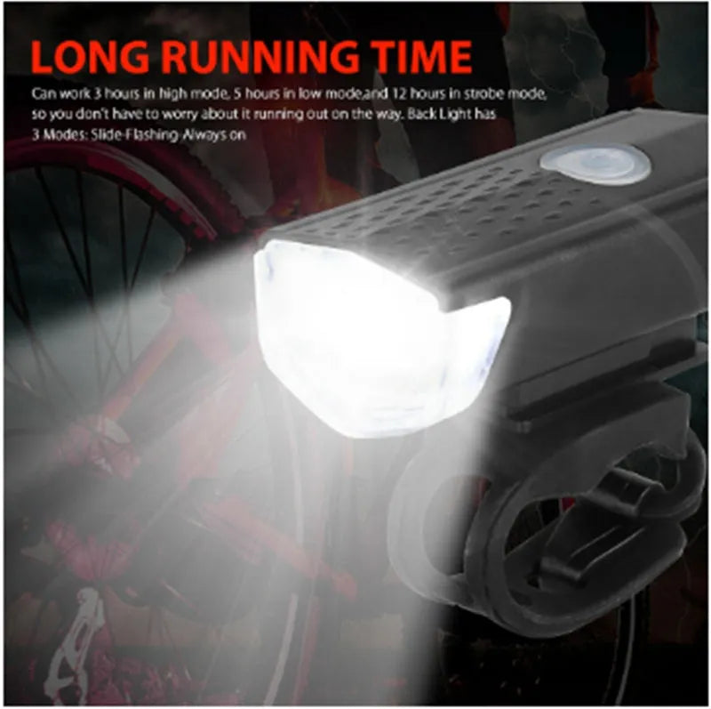 USB rechargeable bicycle front light in black with handlebar mount and charging indicator