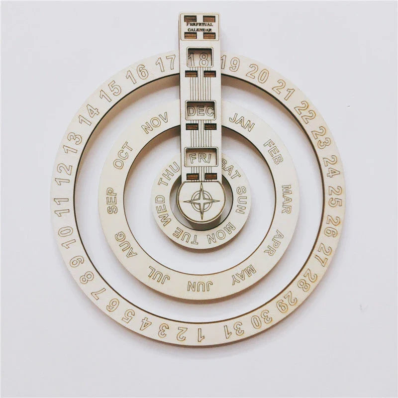 Wooden wall calendar with a smooth, circular rotating design that displays the current date, month, and day