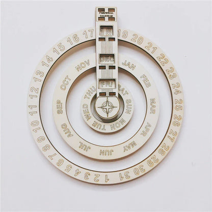 Wooden wall calendar with a smooth, circular rotating design that displays the current date, month, and day