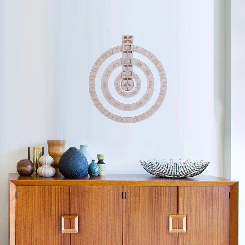 Modern wooden wall calendar with circular rotating design in white