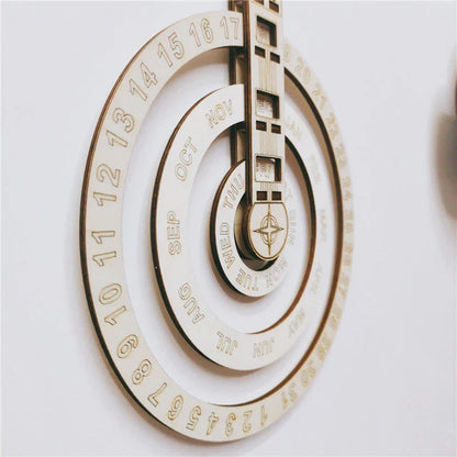 Wooden wall calendar with a smooth, circular rotating design that displays the current date, month, and day