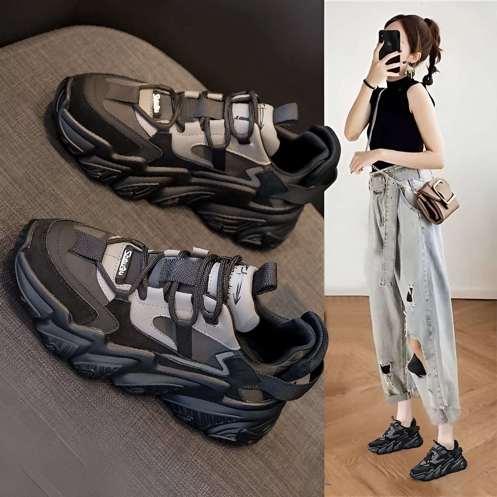 Women's black thick sole casual shoes with round toe and cow leather upper on white background