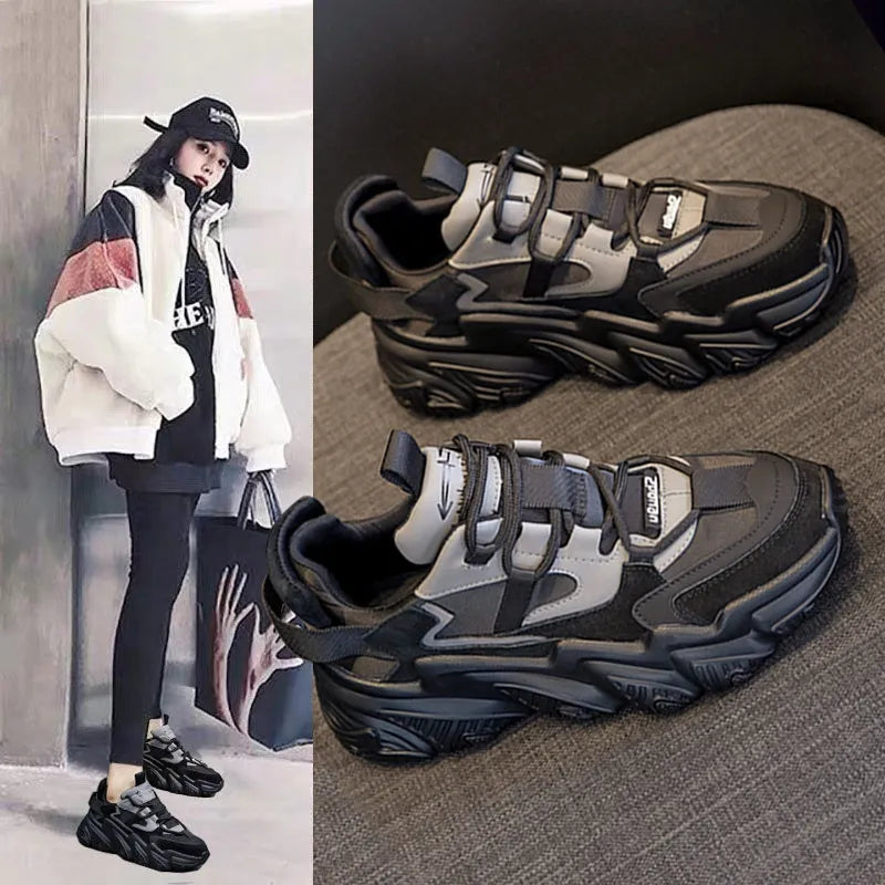 Women's black thick sole casual shoes with round toe and cow leather upper on white background