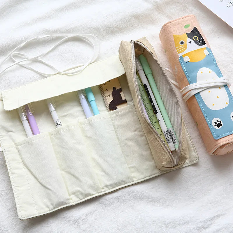 Rolling cartoon cat design pencil bag in blue, green, pink, and yellow colour options