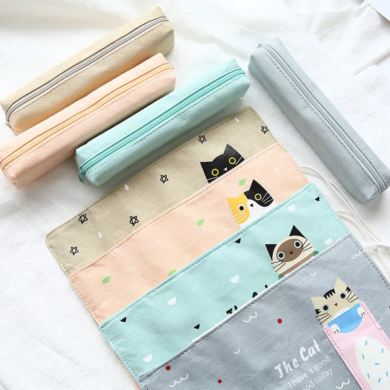Rolling cartoon cat design pencil bag in blue, green, pink, and yellow colour options