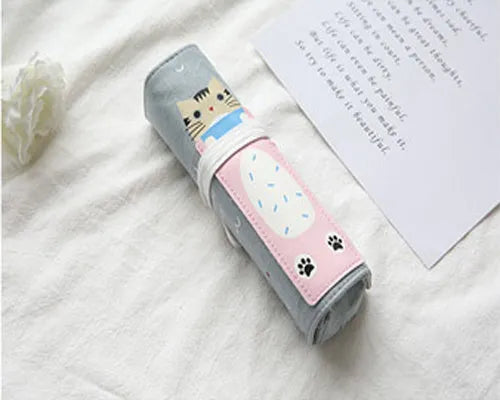 Rolling cartoon cat design pencil bag in blue, green, pink, and yellow colour options