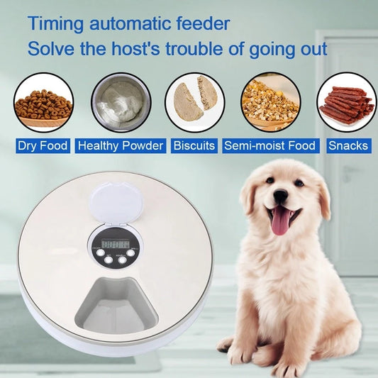 Automatic pet feeder with 6 meal trays and voice recorder for cats, dogs, and rabbits