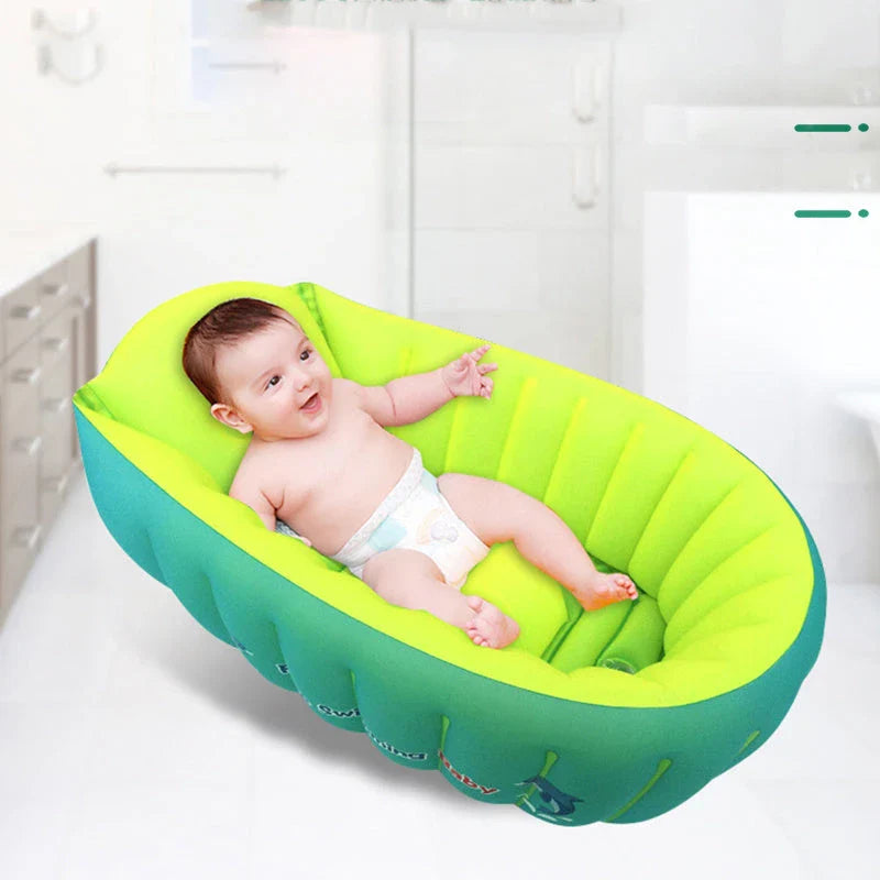 Inflatable baby bath tub in blue and orange with safety air column