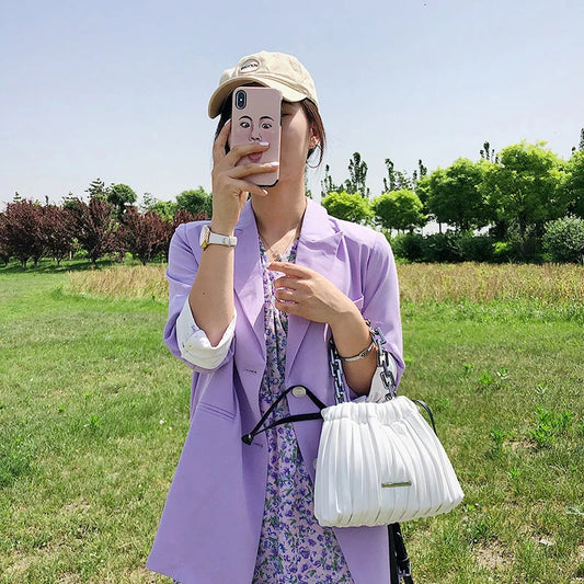 Korean-style women's drawstring bucket bag with thick acrylic chain in various colors