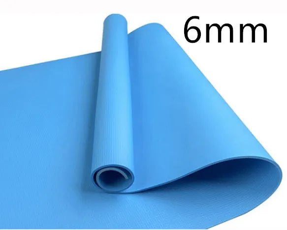 EVA yoga mat in blue showing 6mm thickness and textured anti-skid surface.