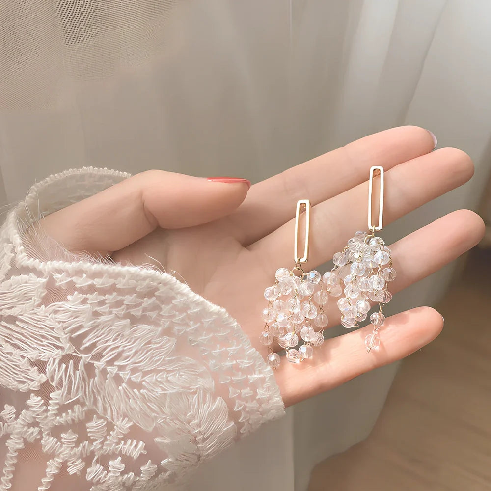 Gold crystal tassel grape earrings with 6cm geometric drop, electroplated alloy for women's wear