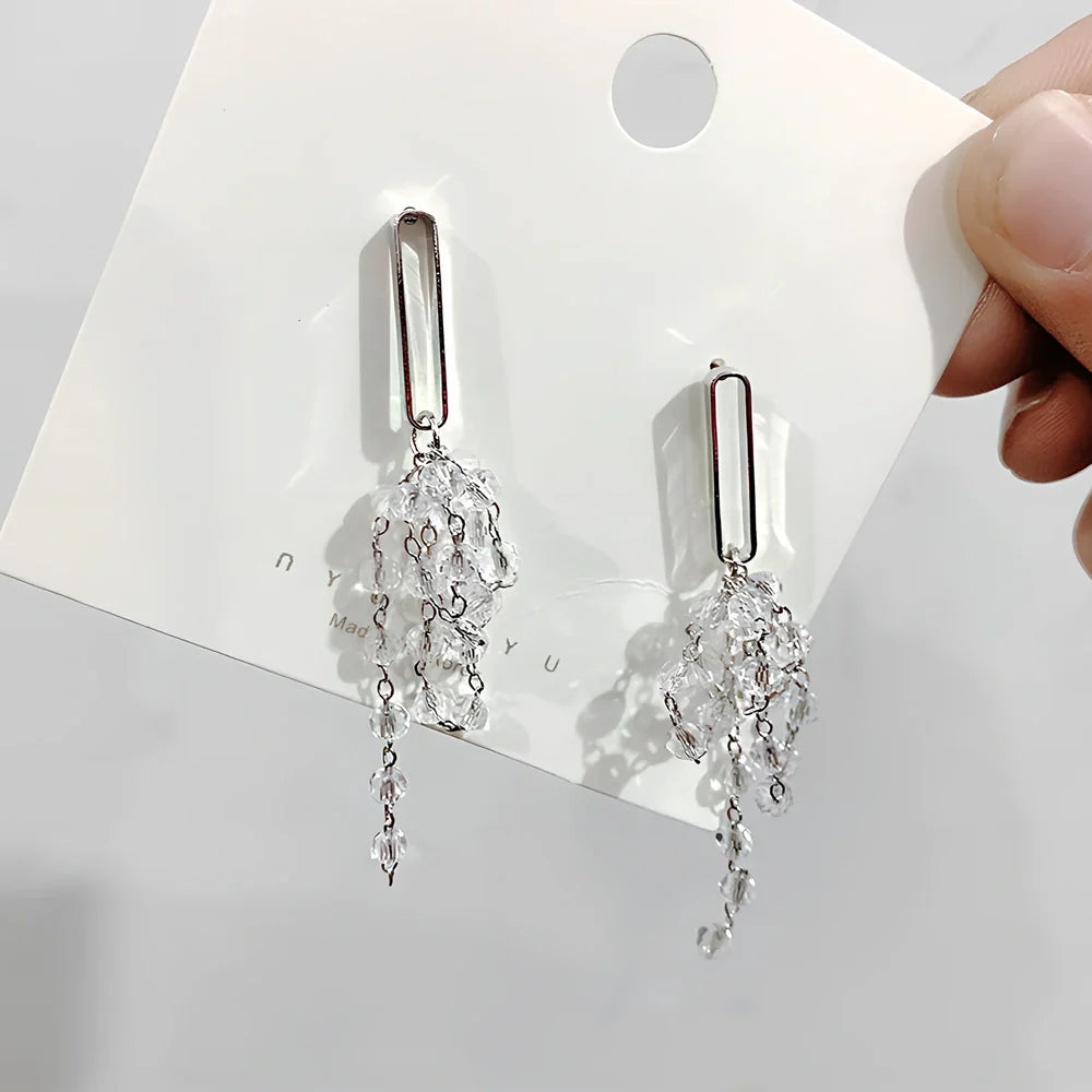 Gold crystal tassel grape earrings with 6cm geometric drop, electroplated alloy for women's wear