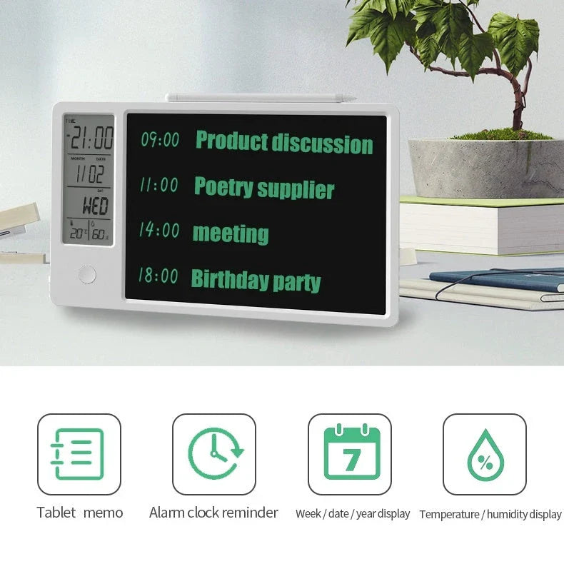 Electronic calendar writing board displaying time, temperature, and humidity on an LCD screen