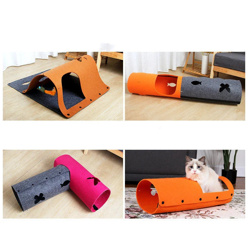 Versatile DIY cat tunnel toy made of soft, durable felt with multiple configuration options and interactive features for pets