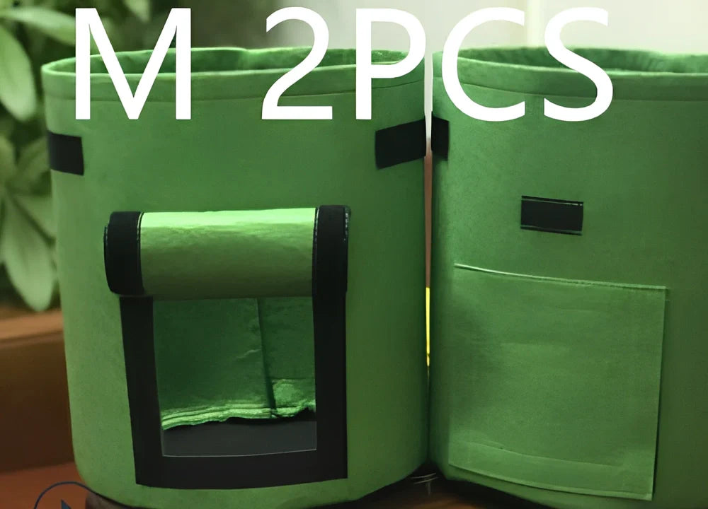 Black breathable non-woven plant growth bag with side window and double handles for potato cultivation