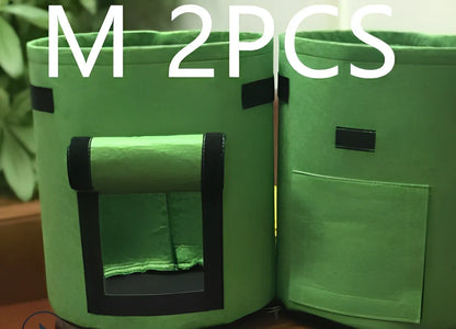 Black breathable non-woven plant growth bag with side window and double handles for potato cultivation