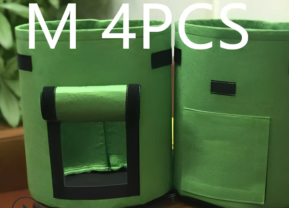 Black breathable non-woven plant growth bag with side window and double handles for potato cultivation