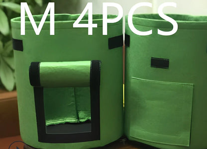 Black breathable non-woven plant growth bag with side window and double handles for potato cultivation