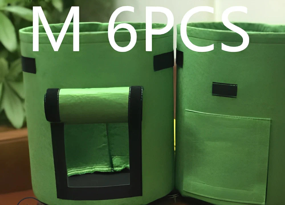 Black breathable non-woven plant growth bag with side window and double handles for potato cultivation