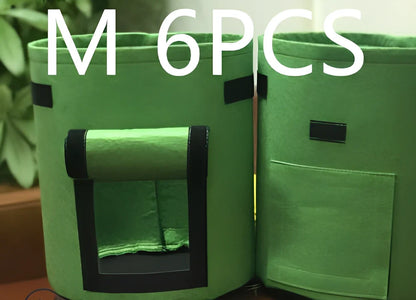 Black breathable non-woven plant growth bag with side window and double handles for potato cultivation