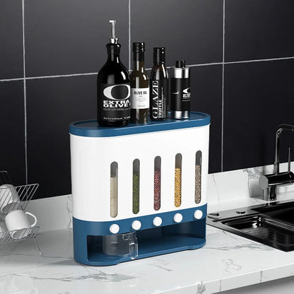 Wall-mounted 5-grid rice and grains container in grey and blue, featuring insect-proof seals and transparent design
