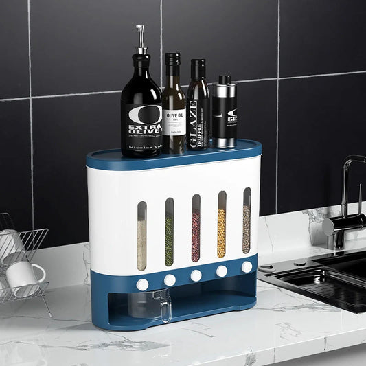 Wall-mounted 5-grid rice and grains container in grey and blue, featuring insect-proof seals and transparent design