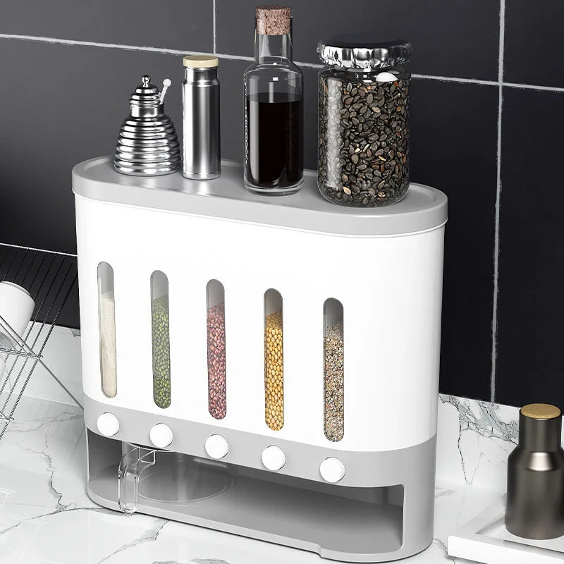 Wall-mounted 5-grid rice and grains container in grey and blue, featuring insect-proof seals and transparent design