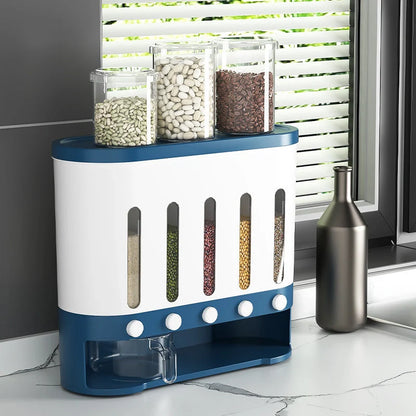 Wall-mounted 5-grid rice and grains container in grey and blue, featuring insect-proof seals and transparent design