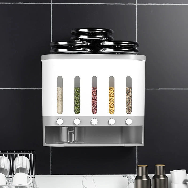 Wall-mounted 5-grid rice and grains container in grey and blue, featuring insect-proof seals and transparent design