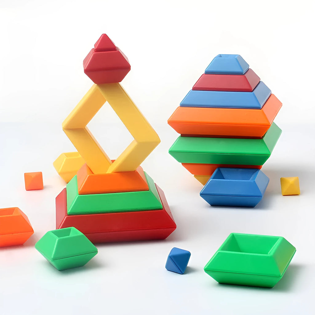 Rainbow coloured wooden Jenga style tower ring building blocks set for children