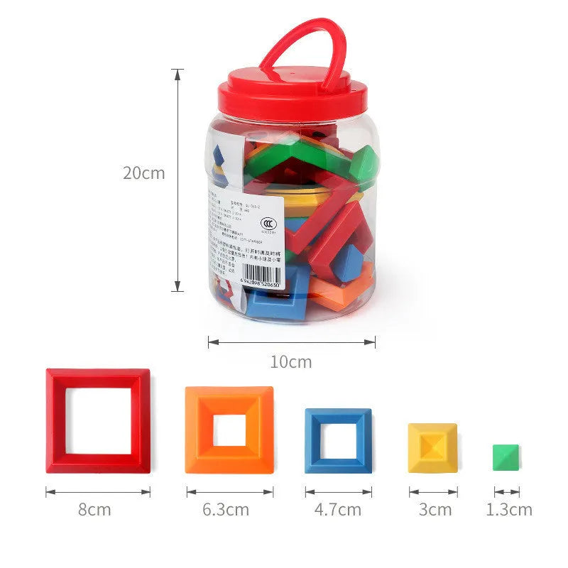 Rainbow coloured wooden Jenga style tower ring building blocks set for children