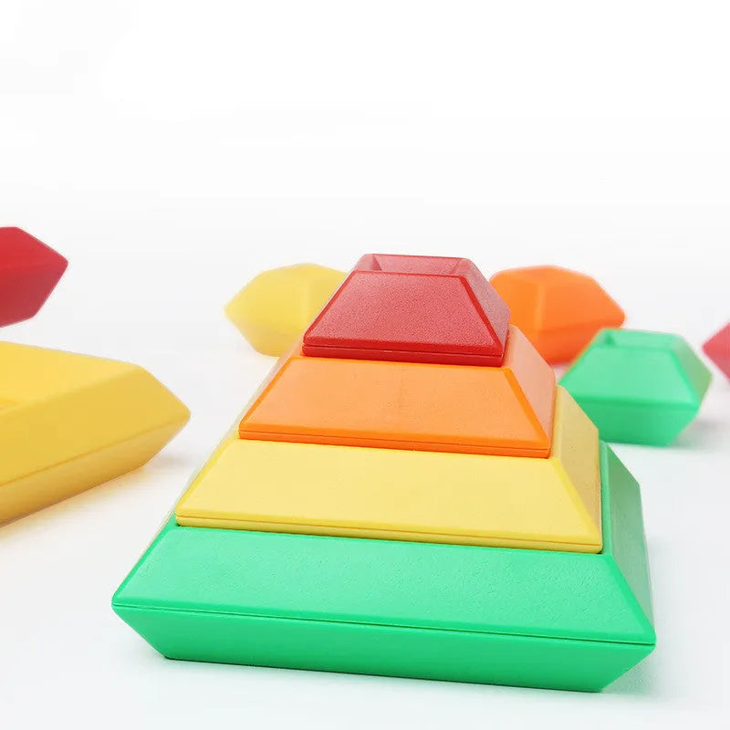 Rainbow coloured wooden Jenga style tower ring building blocks set for children