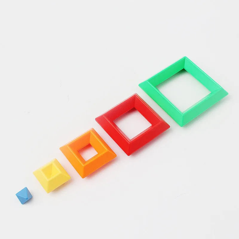 Rainbow coloured wooden Jenga style tower ring building blocks set for children
