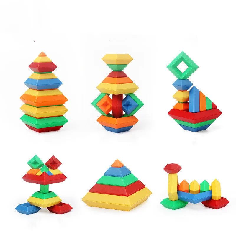 Rainbow coloured wooden Jenga style tower ring building blocks set for children