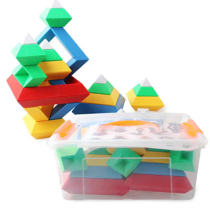 Rainbow coloured wooden Jenga style tower ring building blocks set for children