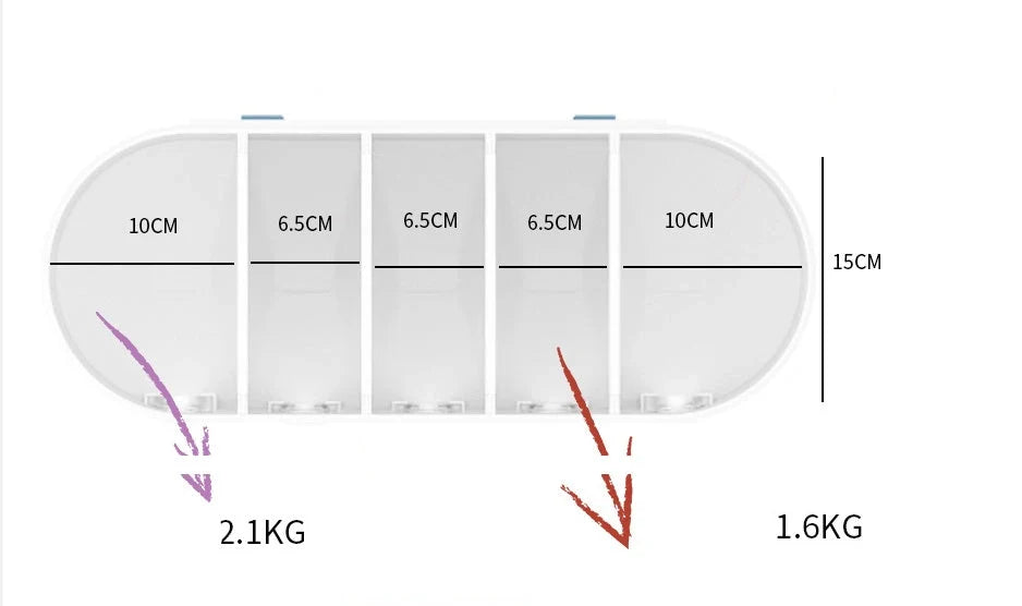 Wall-mounted 5-grid rice and grains container in grey and blue, featuring insect-proof seals and transparent design