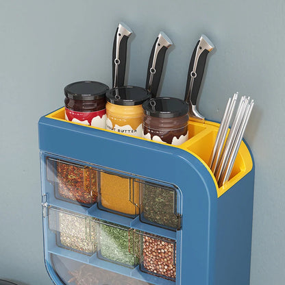 Wall-mounted kitchen organiser in blue or white for knives and condiments
