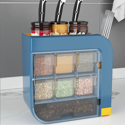 Wall-mounted kitchen organiser in blue or white for knives and condiments
