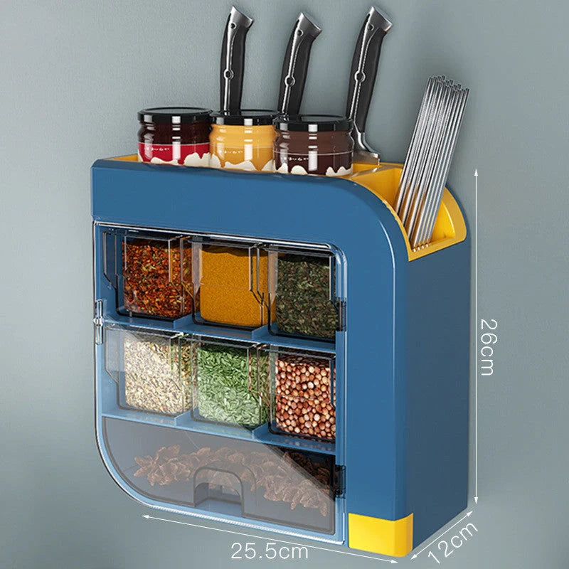 Wall-mounted kitchen organiser in blue or white for knives and condiments