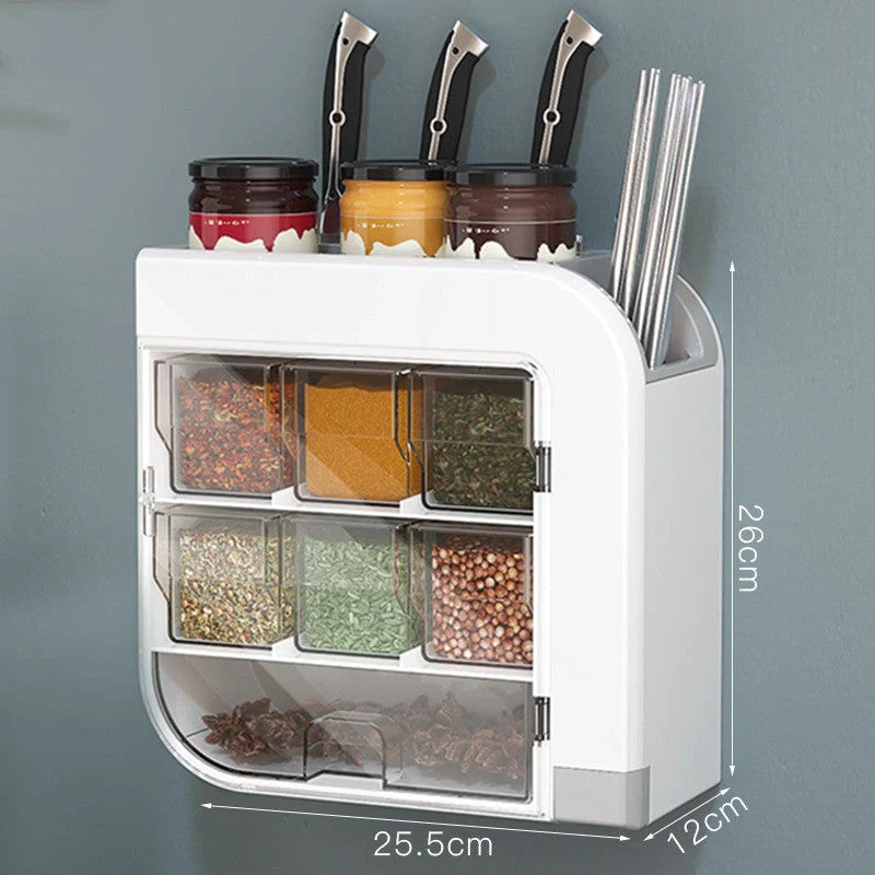 Wall-mounted kitchen organiser in blue or white for knives and condiments