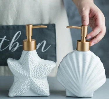 Starfish Shell Ceramic Soap Dispenser with embossed design and non-slip base