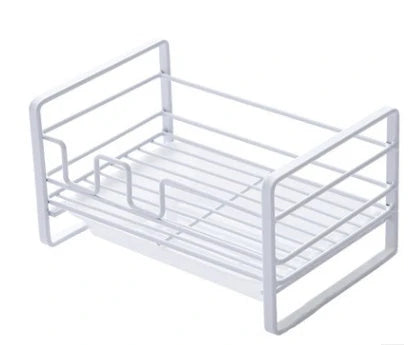 White iron kitchen drying rack with detachable drain pan for sponges and brushes