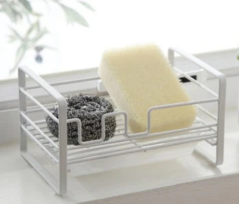 White iron kitchen drying rack with detachable drain pan for sponges and brushes