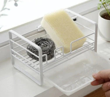 White iron kitchen drying rack with detachable drain pan for sponges and brushes